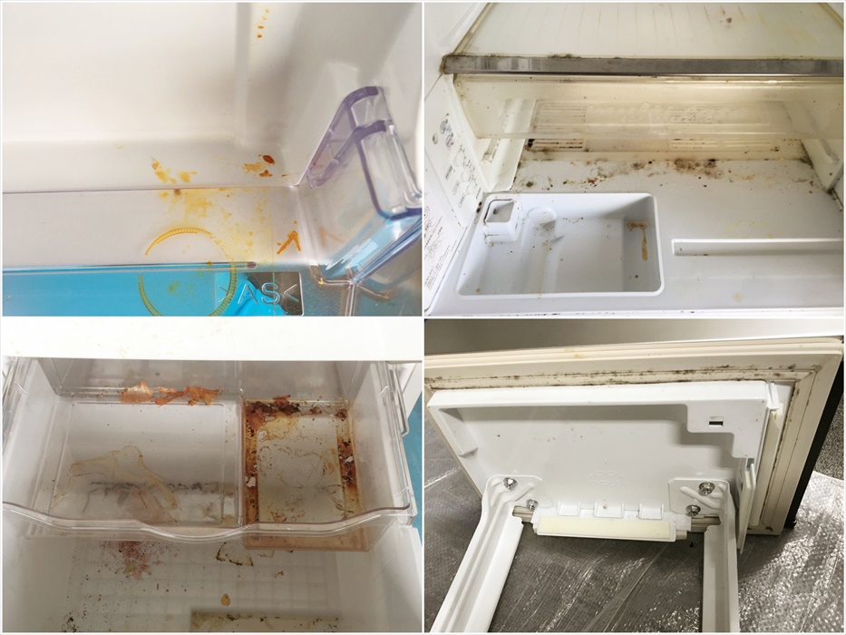 クリーニング前の冷蔵庫内部の汚れた状態